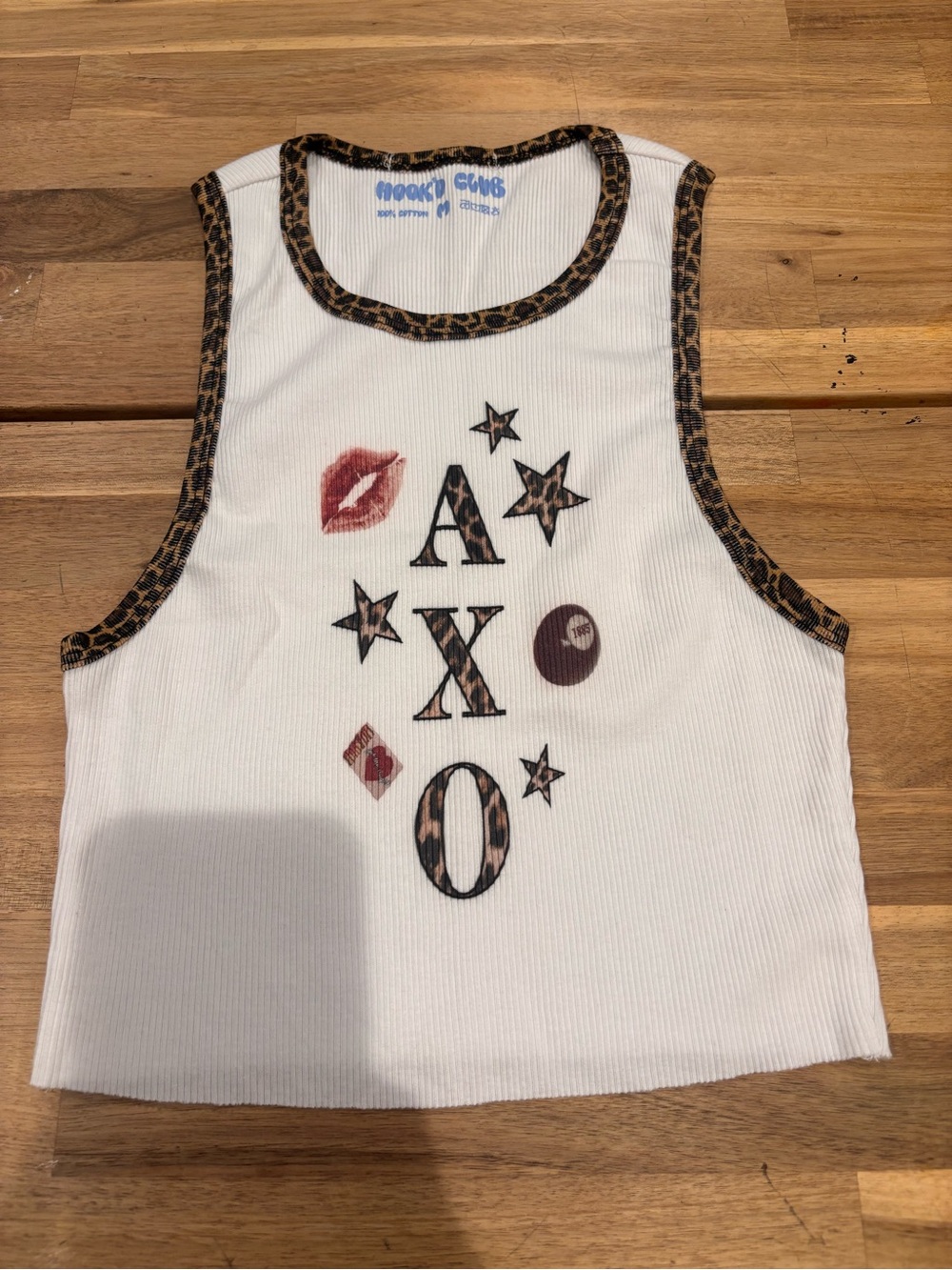 Sorority AXO White Ribbed Tank with Leopard Trim and Graphic SZ M. Cute!